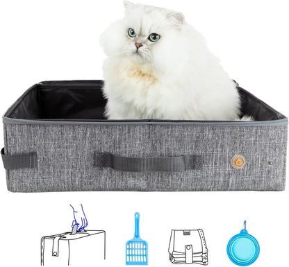 Stop Lugging a Heavy Hard Litter Box Again. Portable Cat Travel Litter Box with Zipped Lid to Keep Everything Contained. Easy to Carry, Clean and Use in Car, Hotel, Airplane