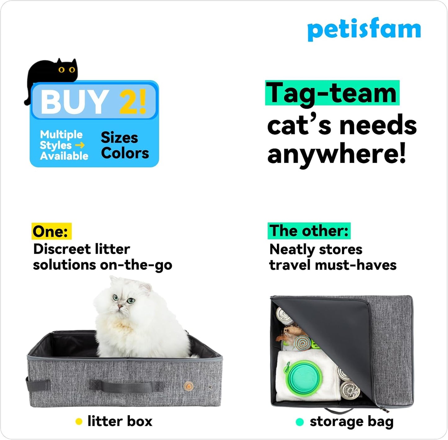 Stop Lugging a Heavy Hard Litter Box Again. Portable Cat Travel Litter Box with Zipped Lid to Keep Everything Contained. Easy to Carry, Clean and Use in Car, Hotel, Airplane